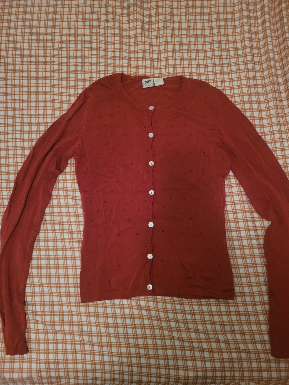 Vintage DKNY Rust Red Button-Up Dot-Textured Women's Cardigan